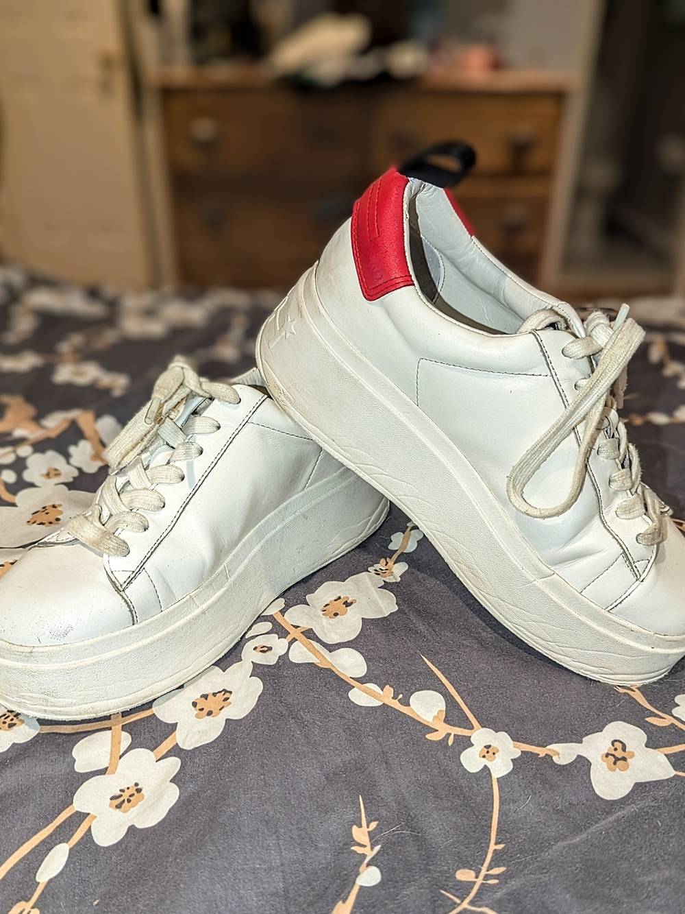 Ash White Platform Sneakers with Red Heel Patch